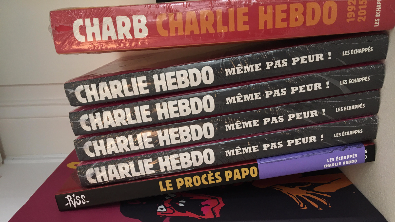 A stack of Charlie Hebdo cartoon collections in the publicity office of the satirical newspaper in in Paris. A stack of Charlie Hebdo cartoon collections in the publicity office of the satirical newspaper in in Paris.